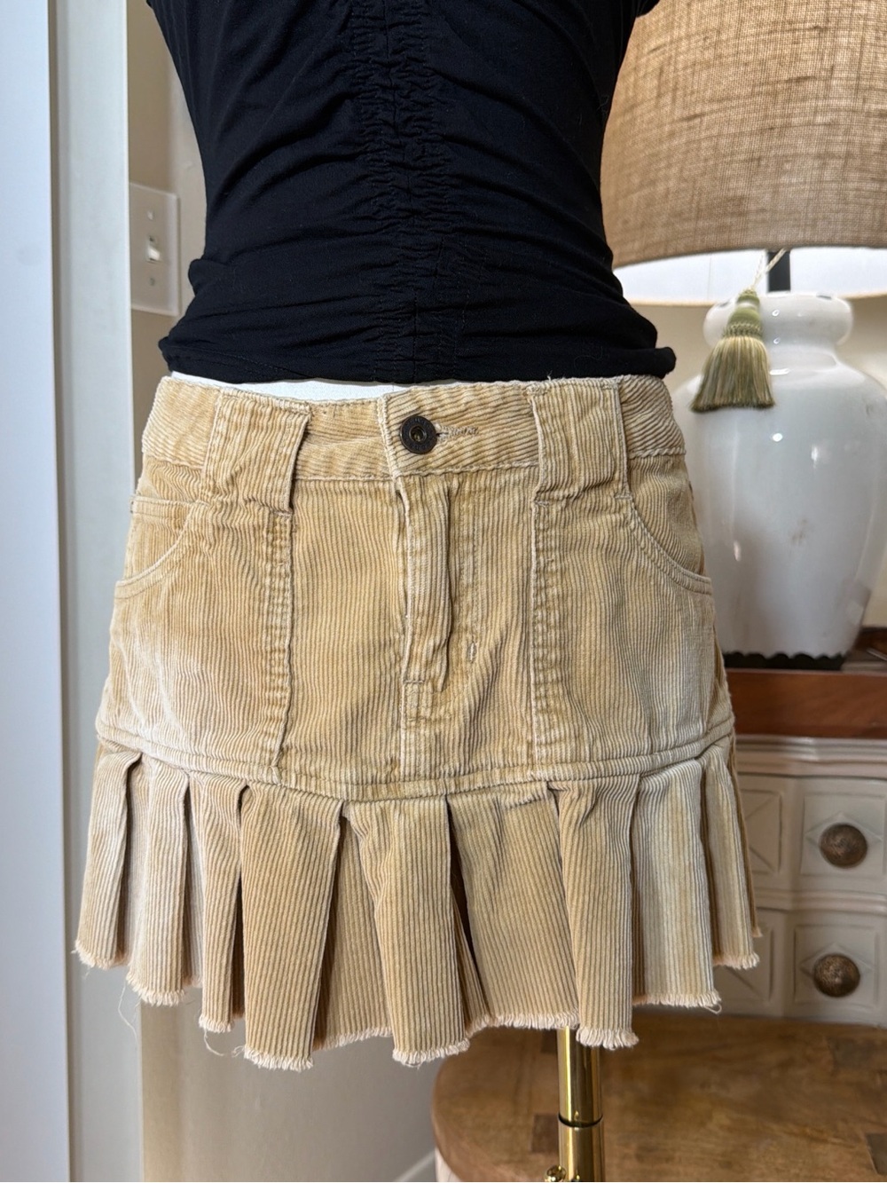 Y2K Refuge Beige Corduroy Pleated Mini Skirt